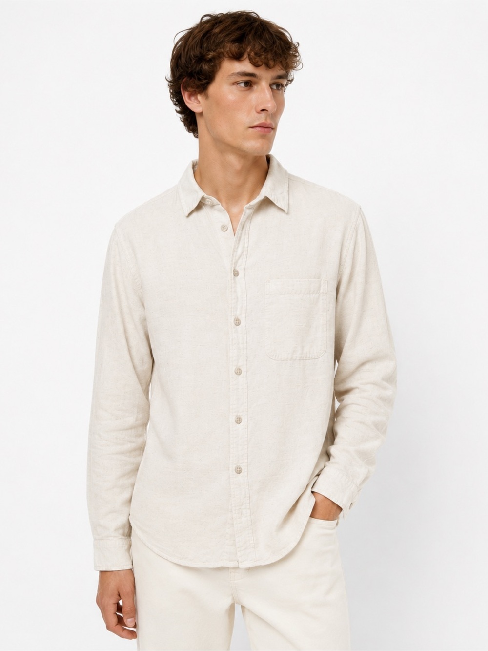 Bridge & Burn Standard Fit Beige Linen Blend Button Up Shirt Size M